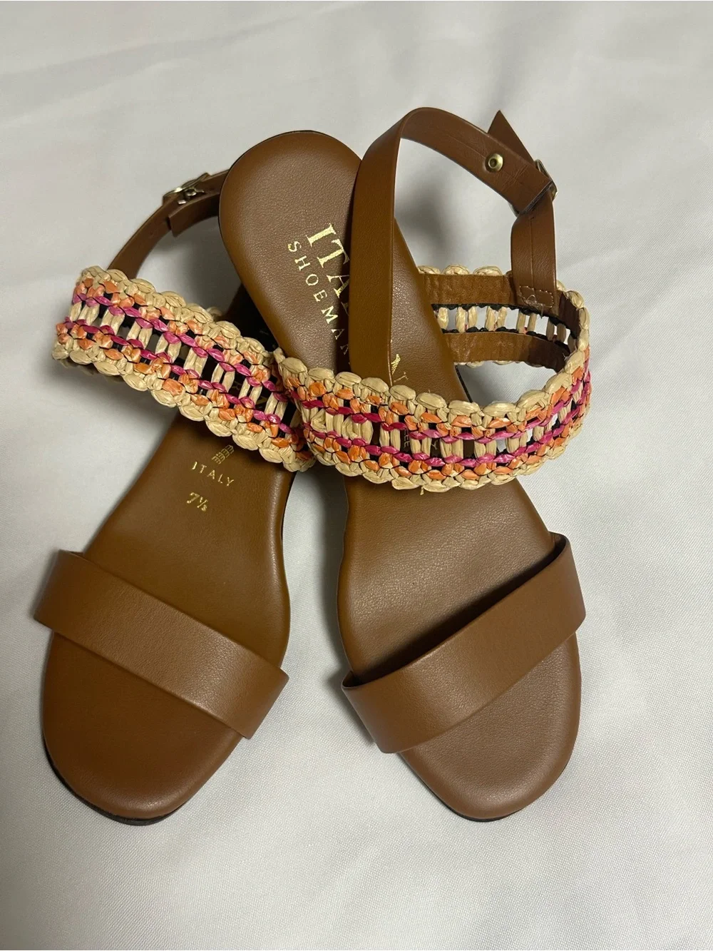 Italian Shoemakers Brown Sandals with Pink and Cream Braided Strap size 7 1/2